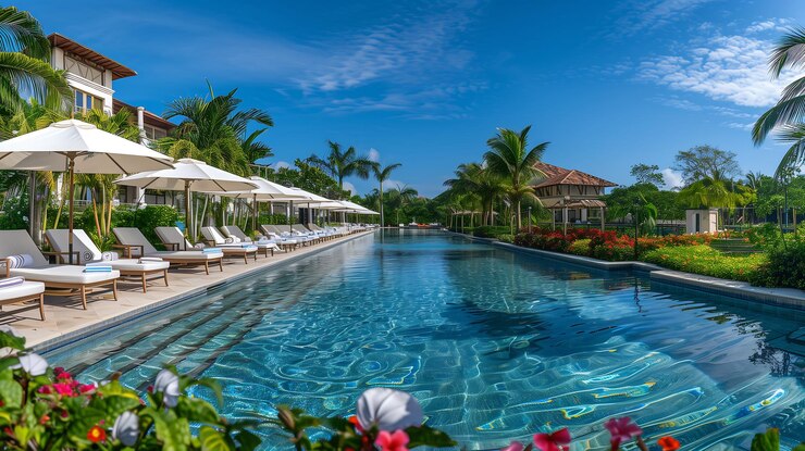 una piscina con una palmera y una palmera en el fondo