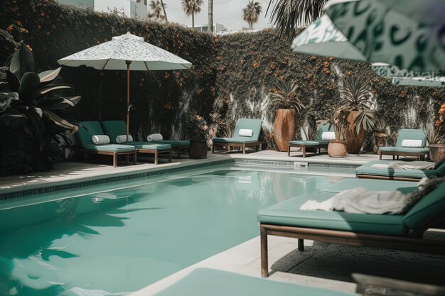 Foto una piscina con una palmera y una palmera