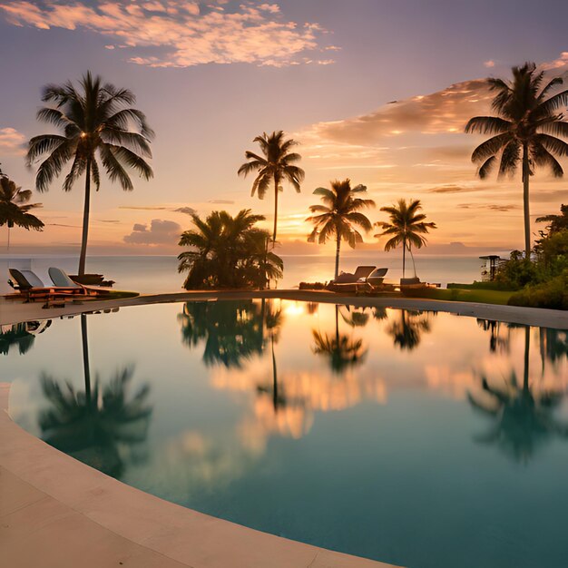 una piscina con una palmera y una puesta de sol en el fondo