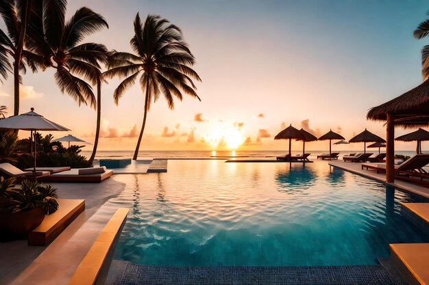 una piscina con una palmera y una puesta de sol en el fondo