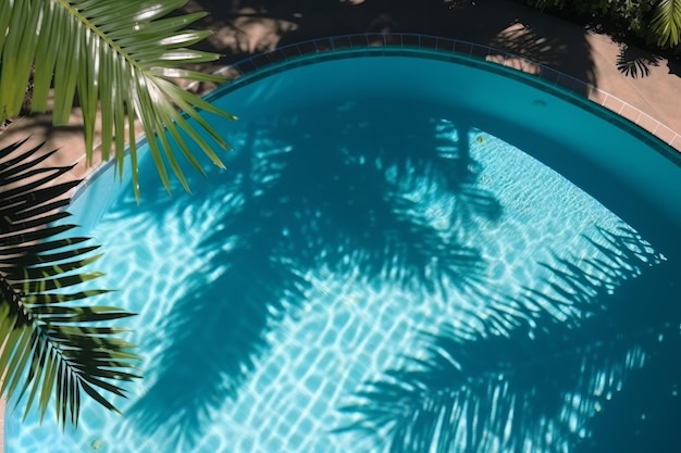 Una piscina con palmeras al fondo