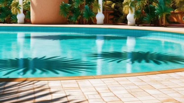 Una piscina con palmeras al fondo