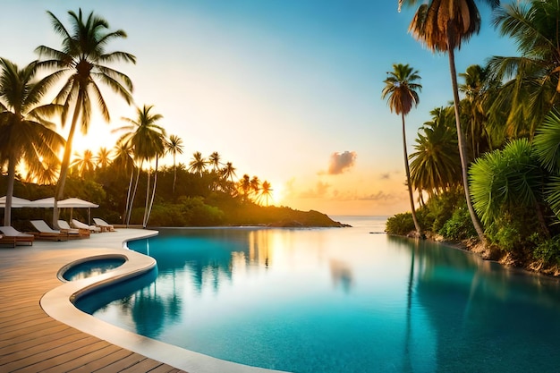 Una piscina con palmeras y un atardecer de fondo