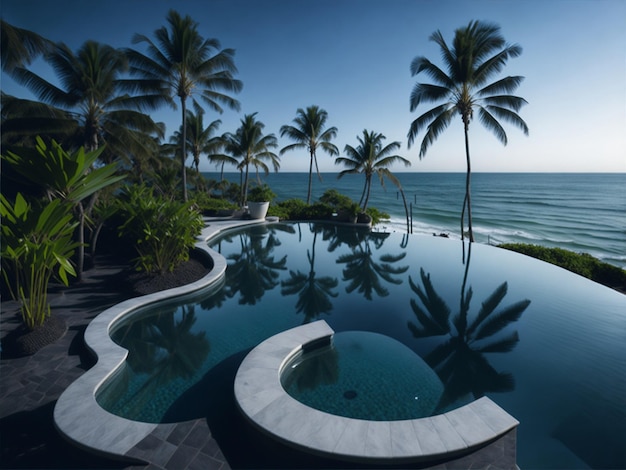 Una piscina con palmeras y una playa al fondo.
