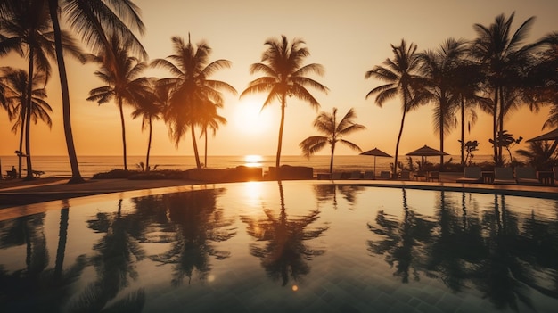 Una piscina con palmeras y el sol reflejado en el agua