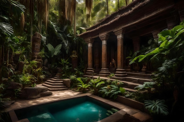 Una piscina con una pasarela de piedra y una pasarela de piedra que conduce a una casa tropical.