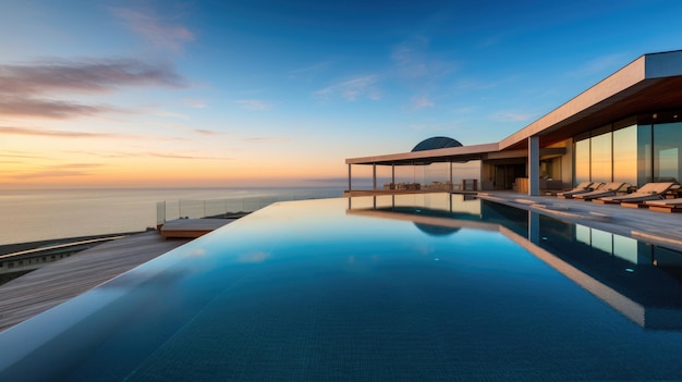La piscina y el patio de diseño moderno con vista panorámica al mar Generative AI AIG27
