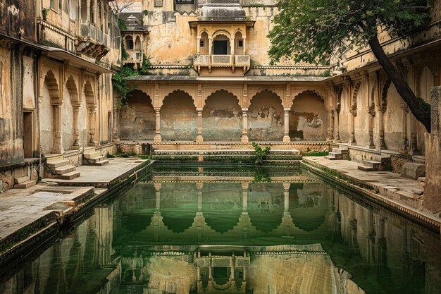 Una piscina en un patio histórico