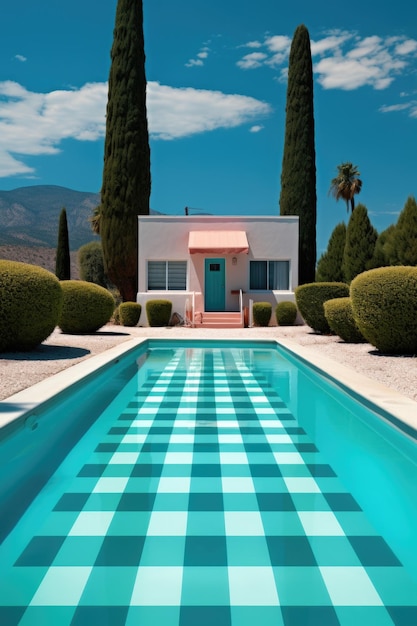 Una piscina con un patrón a cuadros frente a una casa ai