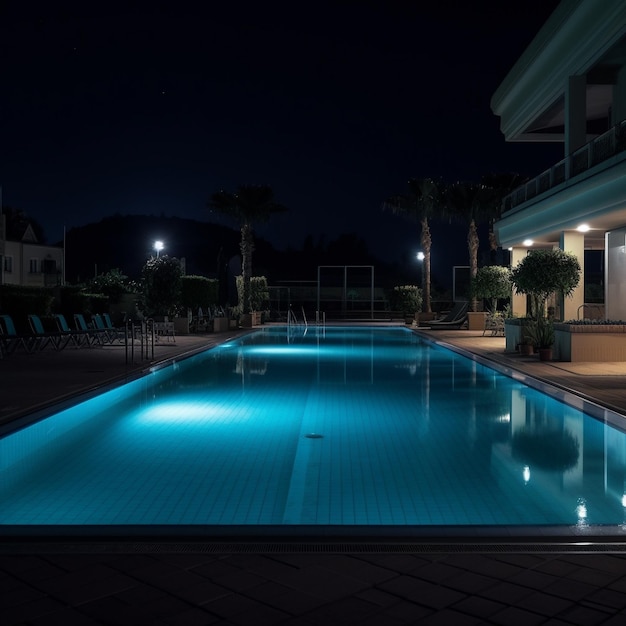 una piscina con piscina y una casa al fondo.