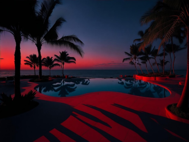 Una piscina con una piscina roja y palmeras al fondo.