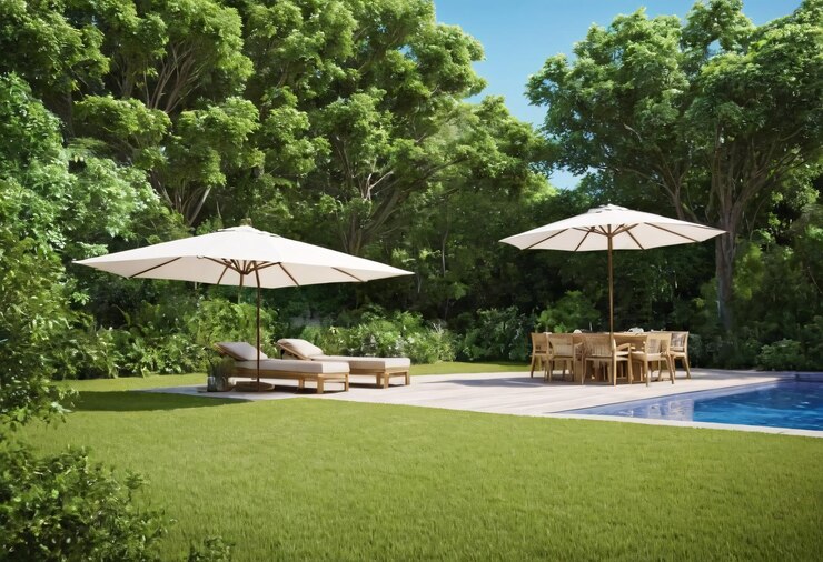 una piscina con una piscina y sillas y sombrillas y mesas
