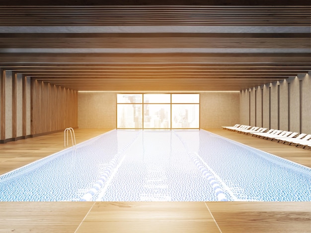 Piscina pública iluminada pelo sol com grande janela