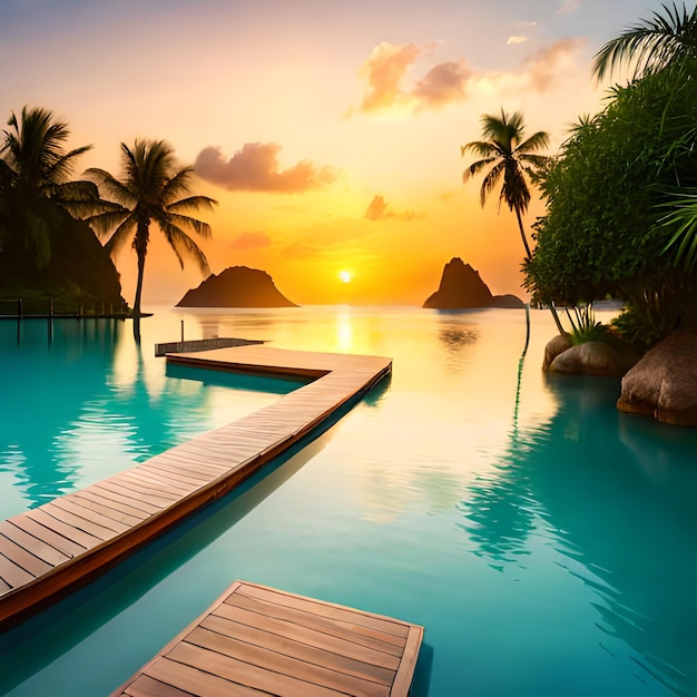 Una piscina con puesta de sol y palmeras al fondo