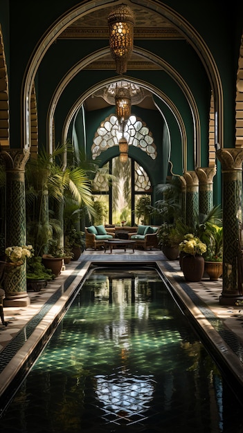 Piscina reflectante cubierta con azulejos verdes y puertas arqueadas