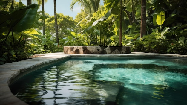 una piscina refrescante rodeada de exuberante vegetación