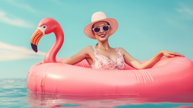 Piscina relaxamento de verão mulher de fato de banho tomando banho de sol deitada relaxando em flamingo rosa