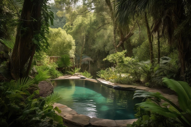 Piscina rodeada de exuberante vegetación en un oasis de bosque sereno