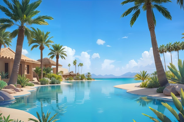 una piscina rodeada de palmeras