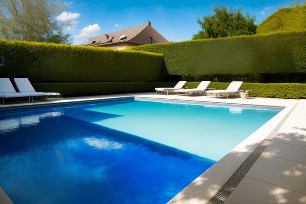 Una piscina rodeada de setos y sillas de jardín