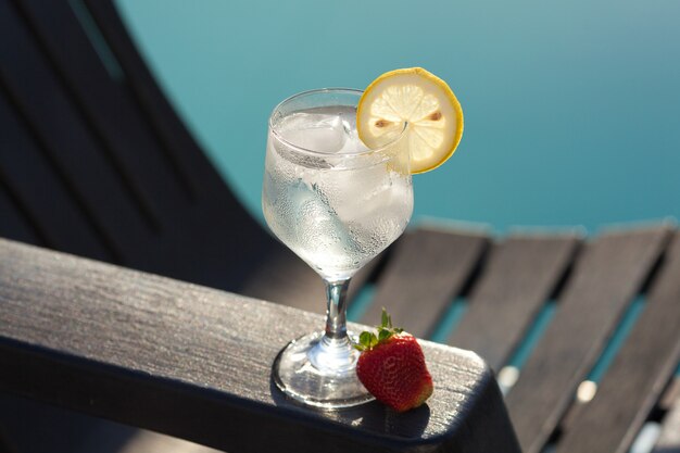 Piscina, salón, copa de vino con hielo, limón y fresa.