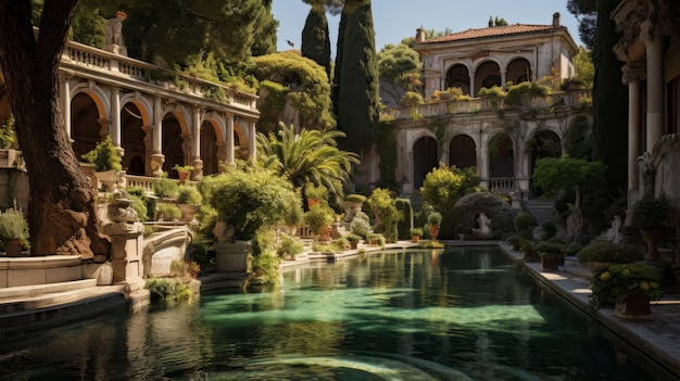 Una piscina serena brilla en un jardín exuberante rodeado de flores vibrantes y vegetación