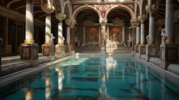 Una piscina serena rodeada de majestuosas columnas y una pintoresca pintura en la pared