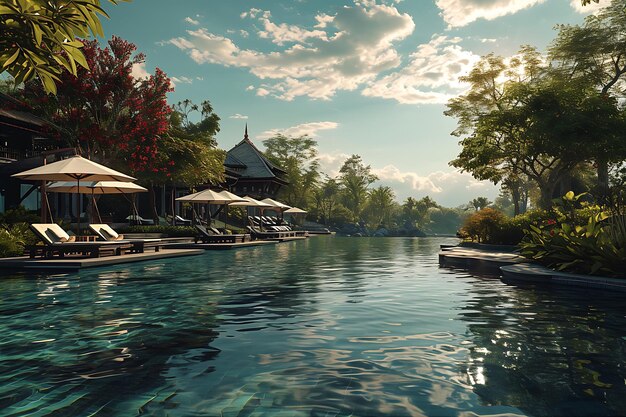 Piscina con sillas de descanso y sombrillas