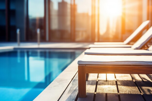 Piscina con sillas de sol al atardecer La luz del sol