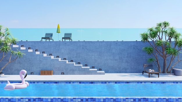 Foto piscina y sillones en el exterior de la villa de lujo moderna representación 3d