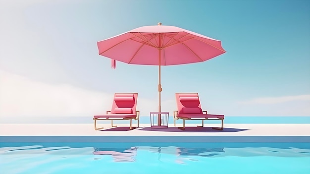 Piscina con sombrilla rosa y sillas junto a la piscina Concepto de vacaciones de verano rosa generado por IA