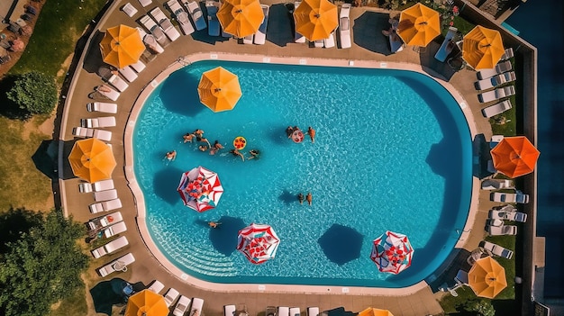 Una piscina con sombrillas y camastros en medio de la piscina de un hotel