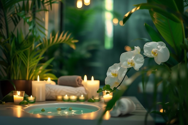Foto piscina de spa con velas y flores
