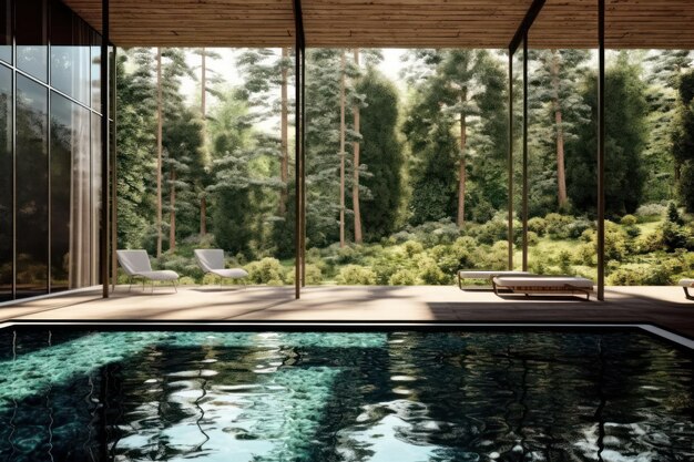 Una piscina con un techo de madera y una estructura de madera con una gran ventana que dice "la casa está en el otro lado".