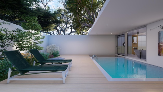 Piscina y terraza de madera al lado del diseño del baño principal ilustración 3d