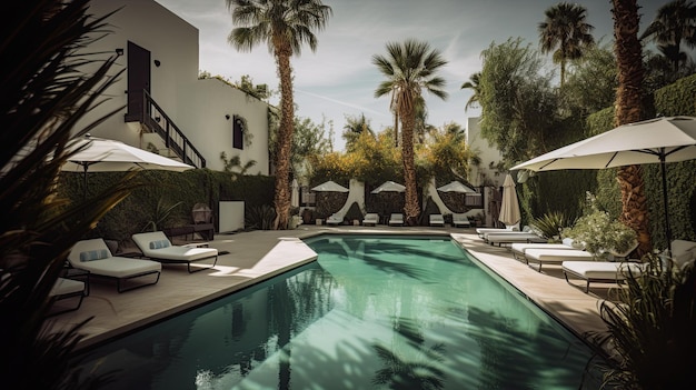 Una piscina con tumbonas y sombrillas blancas.