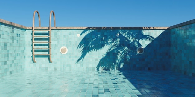 Piscina vacía con escaleras oxidadas y piso de baldosas.