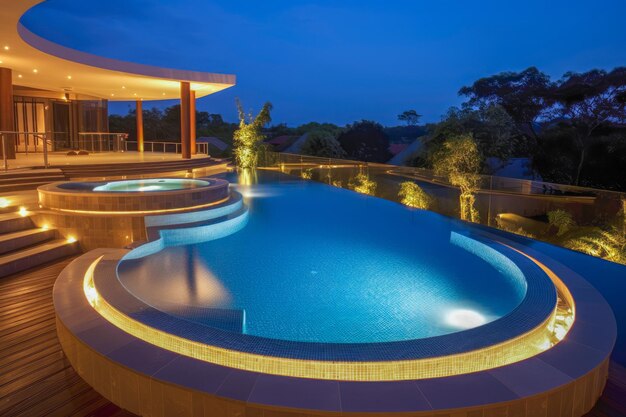 Piscina de varios niveles con bañera de hidromasaje burbujeante integrada por la noche