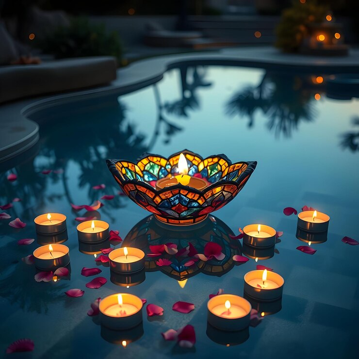 una piscina con velas y flores en primer plano y una piscina con un reflejo de los árboles en el agua