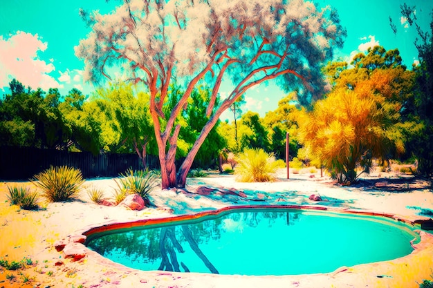 Piscina de verano colorida en el patio trasero con arena en el fondo y grandes árboles alrededor