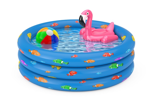 Piscina de verano inflable de goma Pink Flamingo Toy en piscina infantil inflable de goma azul sobre un fondo blanco. Representación 3D