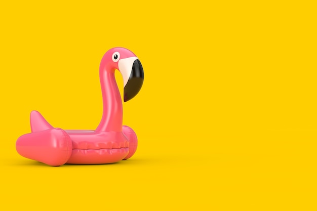 Piscina de verano inflable de goma Pink Flamingo Toy sobre un fondo amarillo. Representación 3D