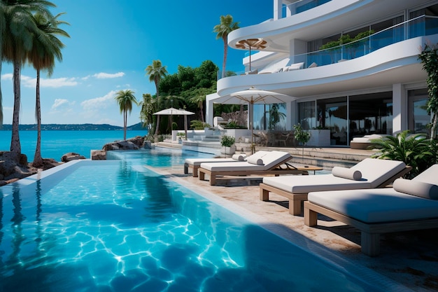 Foto piscina en villa de lujo con palmeras en la playagenerativa ai