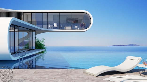 Piscina de villa moderna futurista en el mar