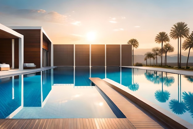 Una piscina con vista al atardecer y palmeras.