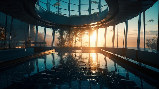 Una piscina con vista al atardecer