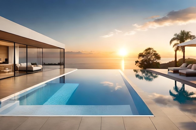 Una piscina con vista al mar y al sol.