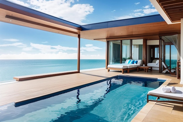 Piscina con vista al mar junto a la terraza y cama en una moderna casa de playa de lujo con cielo azul