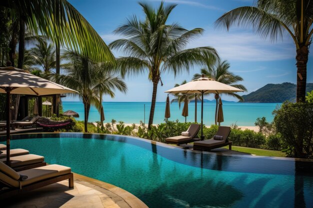 Una piscina con vista al mar y palmeras.