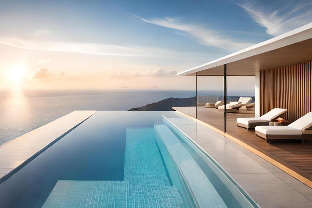 Una piscina con vista al mar y la puesta de sol.